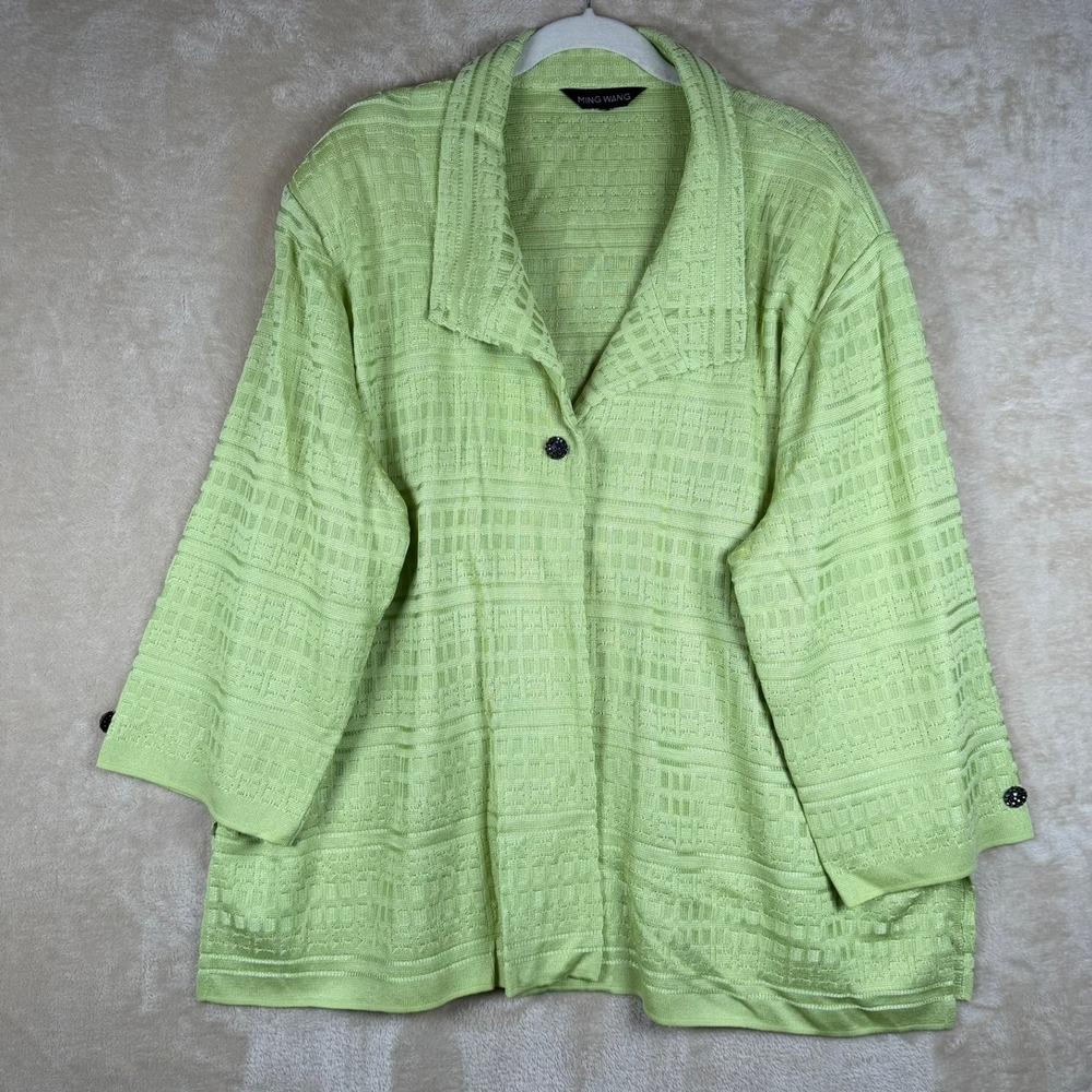 Ming Wang Women 3X Green Textured Knit Cardigan Button Front‎ Jewel Embellished